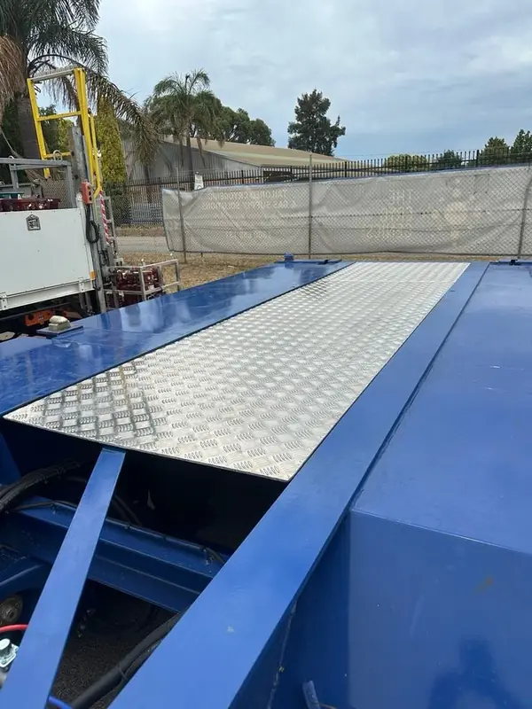 Fabricated blue steel frame with checker plate decking, Oxford Engineering Kwinana
