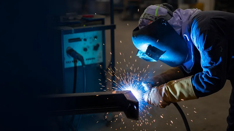 Welder fabricating steel under blue arc light, Oxford Engineering Kwinana
