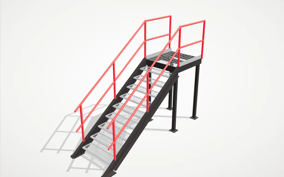 3D render of a steel staircase with grating treads, a top landing and red handrails with top and mid rails