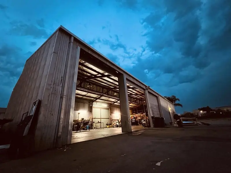 Oxford Engineering fabrication workshop at 1/32 Beach Street, Kwinana Beach, Perth WA, at dusk